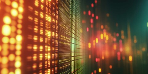 A detailed shot of a computer screen displaying live stock market data, with charts and numbers glowing brightly