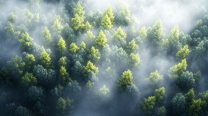 A serene aerial view of a tropical rainforest shrouded in fog sunlight streaming through the dense canopy vibrant greenery creating a sense of mystery calm minimalistic tone with blank space for capti