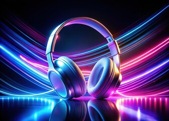 Neon Lights & White Headphones: Long Exposure Photography Stock Photo