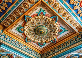 Obraz premium Ornate Russian Style Ceiling Detail, Vintage Interior Decor, Copy Space Left