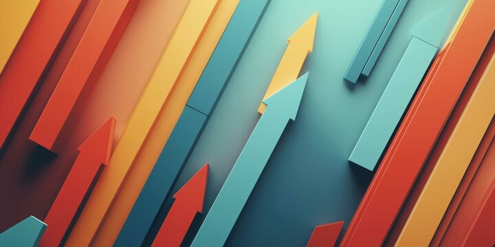 A minimalist abstract of arrows and bar graphs symbolizing upward growth, rendered in clean corporate colors