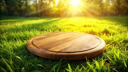 Obraz premium Rustic Round Wooden Cutting Board on Green Grass - Summer Picnic Stock Photo