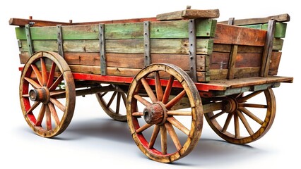 Fototapeta premium Rustic Wooden Wagon with Worn Metal Wheels - Isolated on White Background