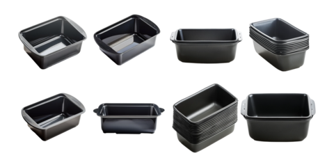 Collection of non-stick baking pans in various sizes, perfect for baking bread and cakes, isolated on transparent background.