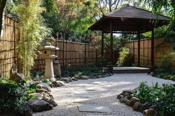 Bamboo-fenced traditional japanese garden pathway serene nature setting tranquil environment artistic viewpoint for relaxation and reflection