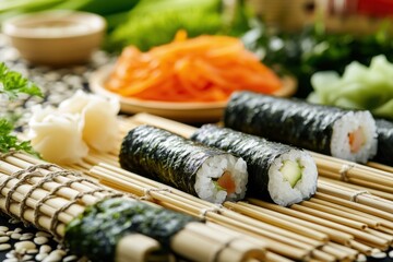 Delicious sushi preparation on bamboo rolling mats indoor kitchen food photography natural light closeup view art of sushi making with bamboo elements