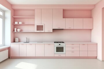 Modern kitchen design featuring sleek pink cabinets and ample natural light for a stylish atmosphere.
