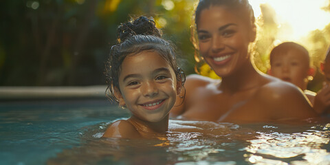 Portrait of a happy Latin family with a child in the pool, with beautiful smiles and clear skin, generative AI