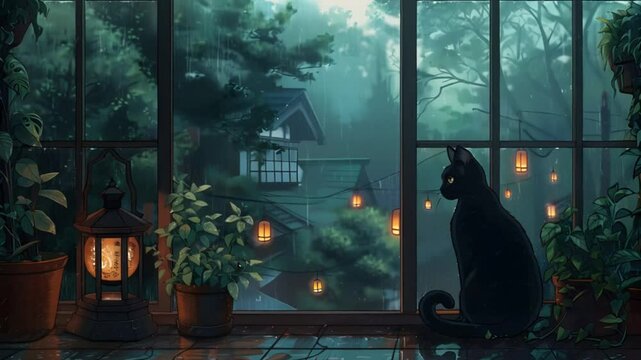 Cat by the Window: Cozy Rainy Day