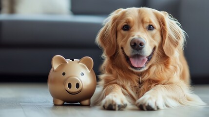 Golden retriever next to a piggy bank representing savings and financial planning in a cozy living room