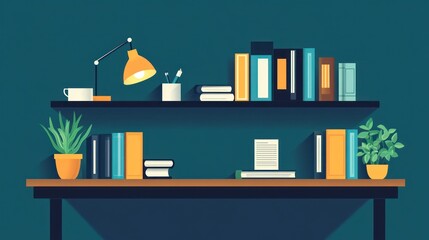 Office desk with books, plants, and lamp.