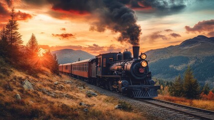 Vintage steam train traveling through a mountainous landscape at sunset with a dramatic sky