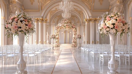 Elegant Wedding Venue with Floral Archway and Ornate Detailing, Soft Light and Pastel Color Palette
