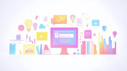Colorful desktop computer with various digital marketing icons.