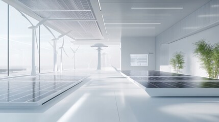 A lab studying renewable energy solutions, with solar panels and wind turbines as models, in a minimalist, futuristic setting