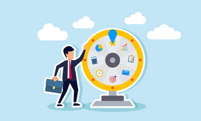 A businessman stands beside a toy wheel containing data analyst elements and spins it, illustration of gambling in structuring and analyzing data