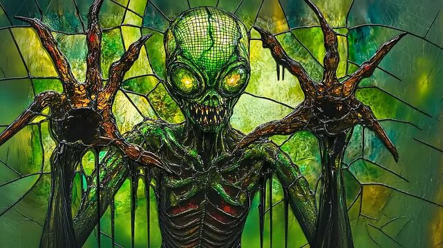 Alien Stained Glass Horror:  A terrifying green extraterrestrial creature depicted in a dark stained-glass style artwork.