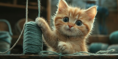 Fototapeta premium Playful orange kitten interacts with a ball of yarn in a cozy crafting space during daylight hours