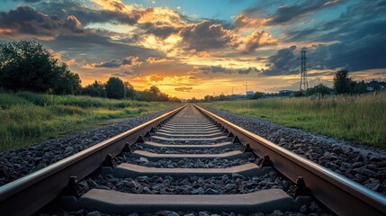 Fototapeta premium A railroad track stretching into the distance at sunset with a sky of dramatic clouds