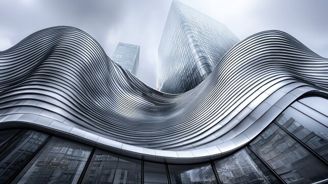 Modern wavy metal building exterior, city skyscrapers background, urban architecture - Powered by Adobe