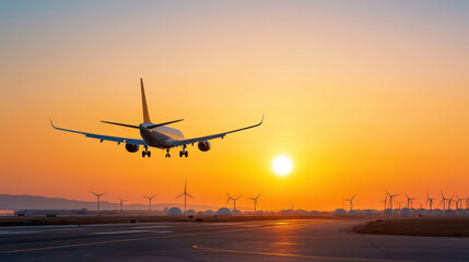 Airplane landing at sunset, silhouetted against an orange sky with wind turbines in the background, capturing travel and sustainable energy themes.