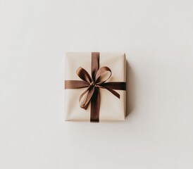 Square gift box with brown ribbon on white background.
