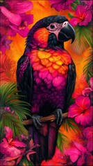 Fototapeta premium Vibrant Parrot Perched Amidst a Lush, Fuchsia Floral Paradise