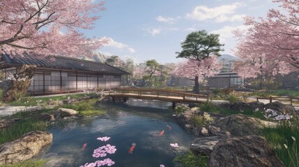 Tranquil Japanese Garden Serenity: Koi Pond, Cherry Blossoms, and Wooden Bridge