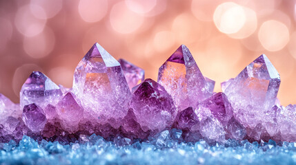 Close-up of teal and purple crystals with dreamy bokeh background featuring shallow depth of field pastel colors minimalistic bright tone modern blurred empty blank caption space symbolic and calming
