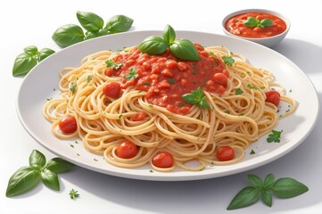 Plate of spaghetti with tomato sauce, cherry tomatoes and basil.