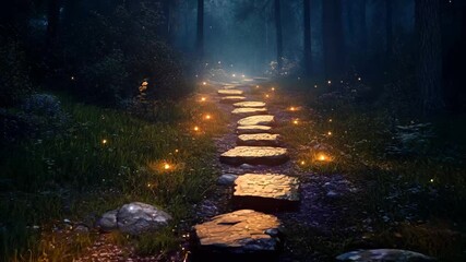 A magical forest trail lit by glowing stones and scattered fireflies, surrounded by dense vegetation under a mystical night sky. The serene atmosphere invites wonder and exploration