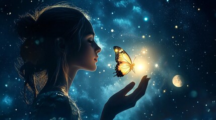 Enchanted Moment: A Young Woman Gazes at a Glowing Butterfly in a Cosmic Setting Surrounded by Stars and a Bright Moon, Symbolizing Dreams and Nature