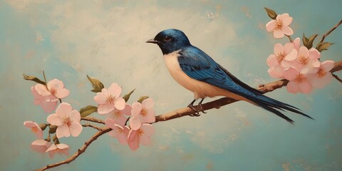 Fototapeta premium Vibrant blue bird perched on a branch alongside blooming pink flowers against a soft blue sky background