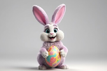Cute cartoon bunny holding a decorated Easter egg.
