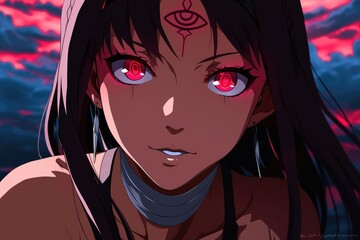 Anime Girl with Red Eyes and Forehead Mark