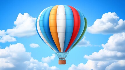 Fototapeta premium A vibrant hot air balloon ascends through a bright blue sky filled with fluffy white clouds