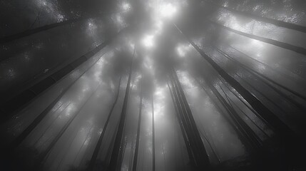 Foggy forest, low angle, sun rays, mystical atmosphere, nature backdrop