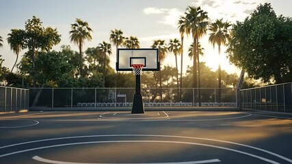 Outdoor Basketball Court at Sunset with Palm Trees - Powered by Adobe