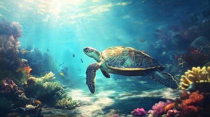 Obraz premium Sea Turtle in Coral Reef