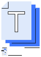 Stylized document pages with a bold T alongside a smartphone interface suggesting file editing. Ideal for productivity, file sharing, mobile apps, cloud storage, typography, digital design, abstract