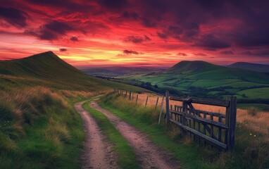 A vibrant red sky at sunset over a green hilly landscape with a dirt path and fence