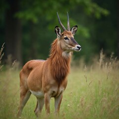 Fototapeta premium Reddish Brown Antelope in Lush Green Field