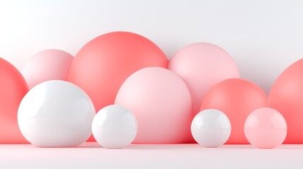 Fototapeta premium Abstract arrangement of coral, pink, and white spheres on a white background