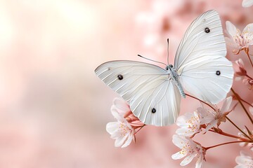 Naklejka premium Butterfly landing on floral blooms nature background serene environment close-up view