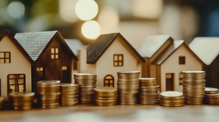 wooden house models placed on increasing stacks of coins
