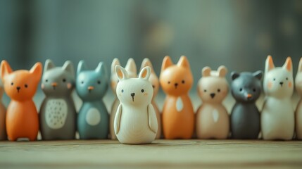 Cute ceramic animal figurines stand together subtly lit. AI Generated