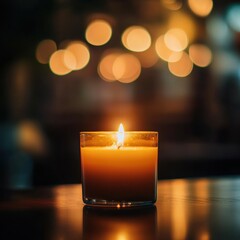 Lit candle on table, bokeh background, cozy ambiance, relaxation