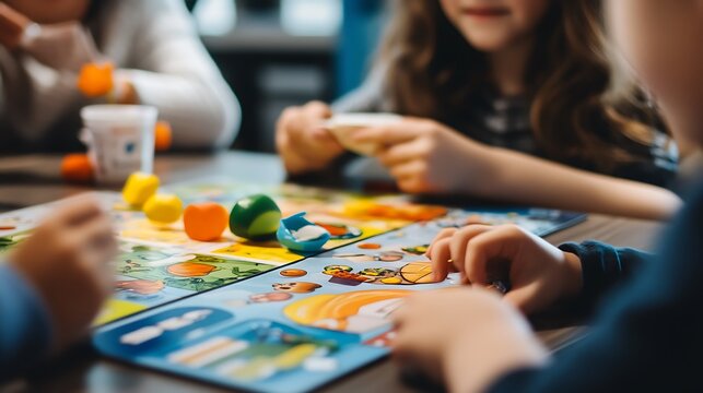 Children Playing a Board Game with Colorful Play Dough Pieces