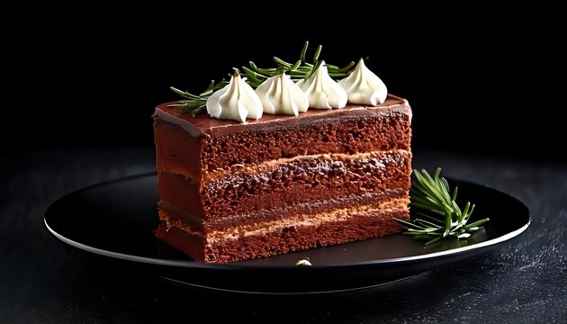 A chocolate layer cake with white cream and rosemary on a black plate.
