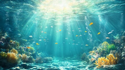 Obraz premium Sunlit coral reef with vibrant fish and clear waters